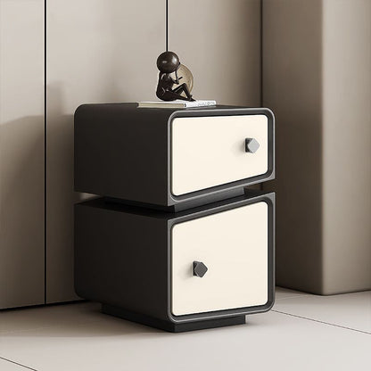 Modern Minimalist Solid Wood & Microfiber Leather Rectangular Split-Cut Nightstand With 2 Drawers For Bedroom
