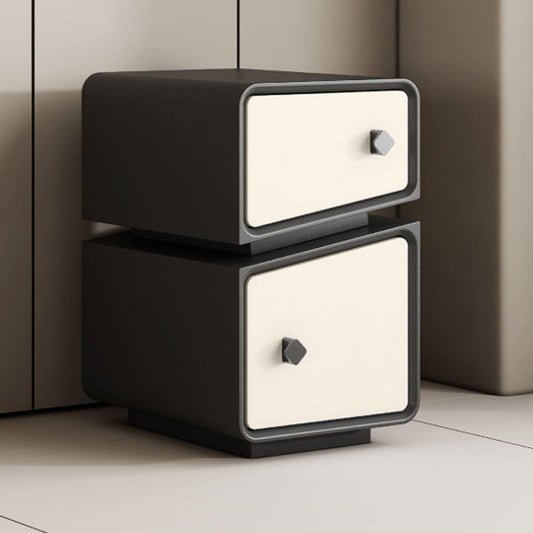 Modern Minimalist Solid Wood & Microfiber Leather Rectangular Split-Cut Nightstand With 2 Drawers For Bedroom