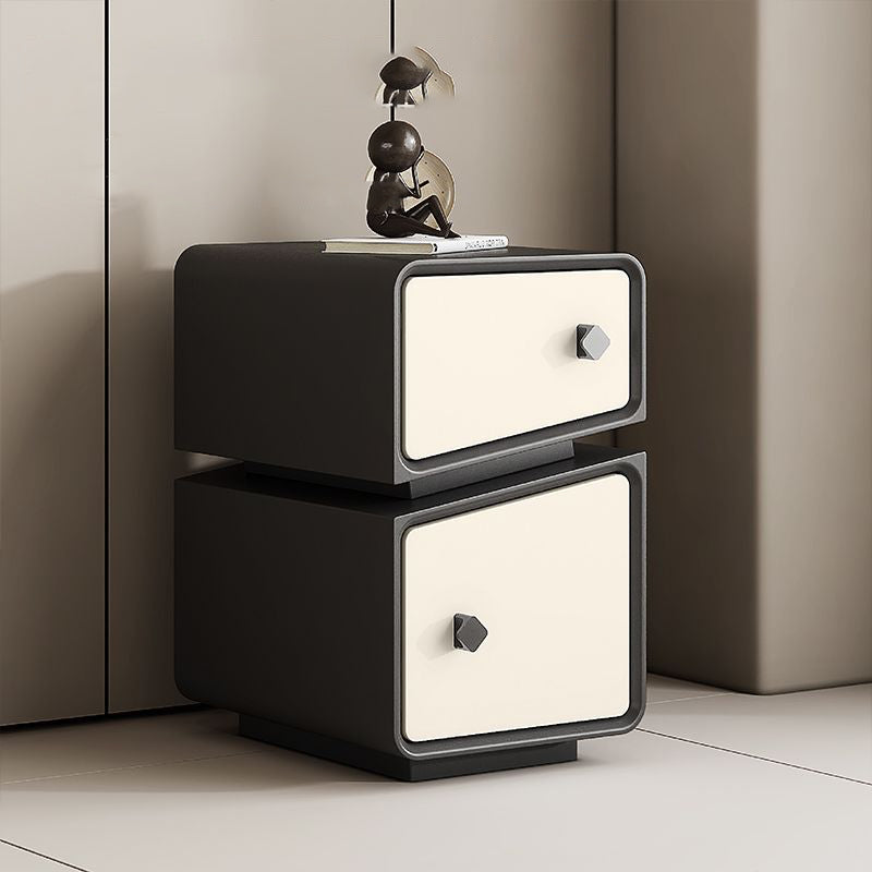 Modern Minimalist Solid Wood & Microfiber Leather Rectangular Split-Cut Nightstand With 2 Drawers For Bedroom