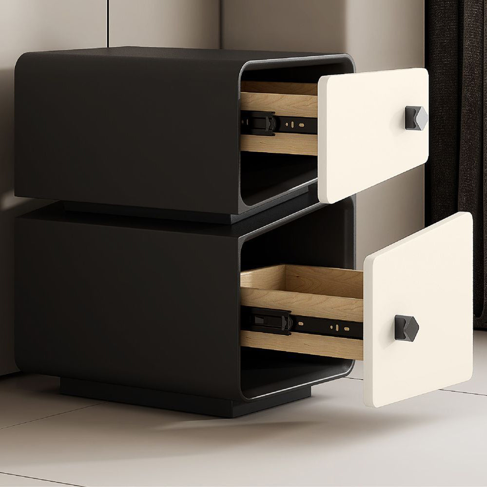 Modern Minimalist Solid Wood & Microfiber Leather Rectangular Split-Cut Nightstand With 2 Drawers For Bedroom