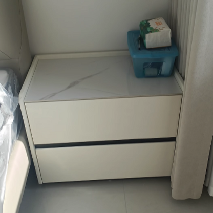 Modern Minimalist Slab Solid Wood & Microfiber Leather Rectangular Nightstand With 2 Drawers For Bedroom