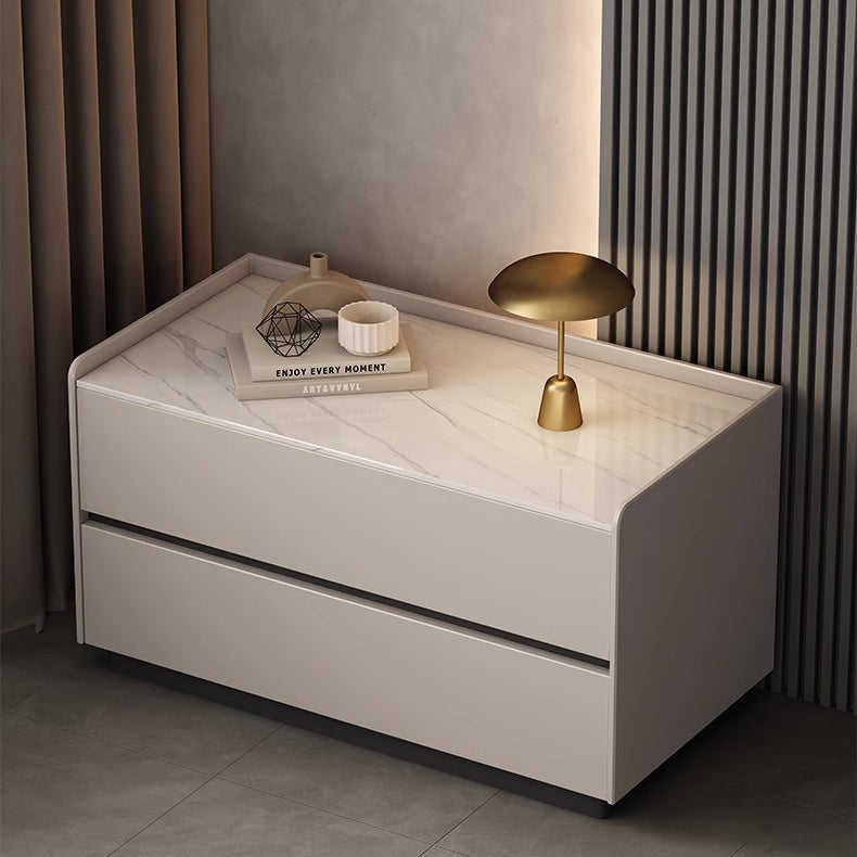 Modern Minimalist Slab Solid Wood & Microfiber Leather Rectangular Nightstand With 2 Drawers For Bedroom