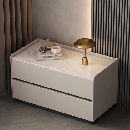 Modern Minimalist Slab Solid Wood & Microfiber Leather Rectangular Nightstand With 2 Drawers For Bedroom