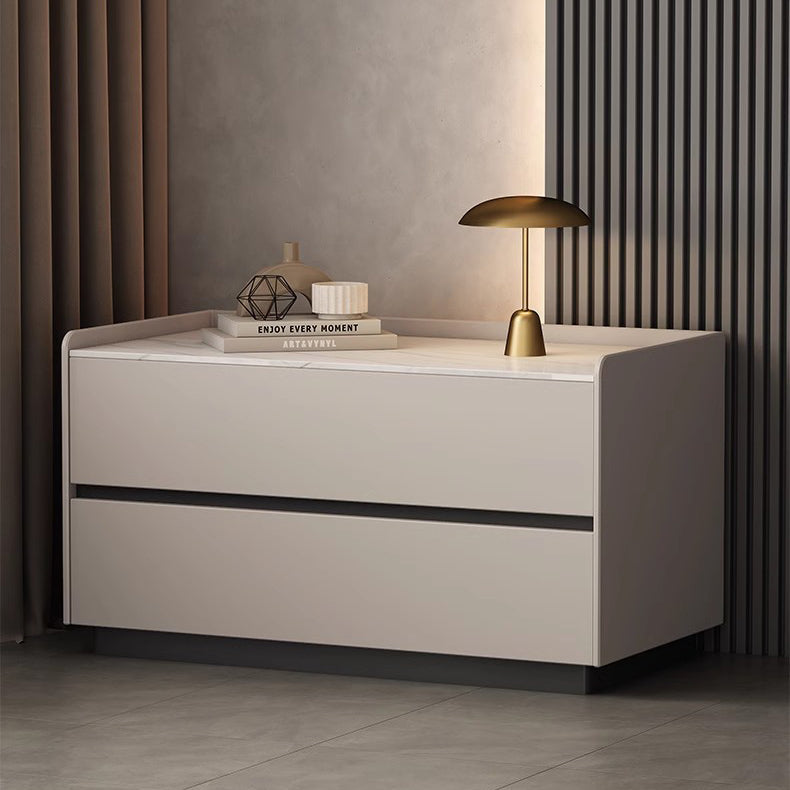 Modern Minimalist Slab Solid Wood & Microfiber Leather Rectangular Nightstand With 2 Drawers For Bedroom