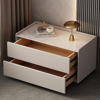 Modern Minimalist Slab Solid Wood & Microfiber Leather Rectangular Nightstand With 2 Drawers For Bedroom