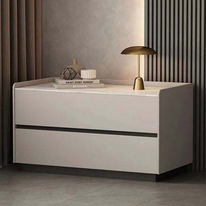 Modern Minimalist Slab Solid Wood & Microfiber Leather Rectangular Nightstand With 2 Drawers For Bedroom
