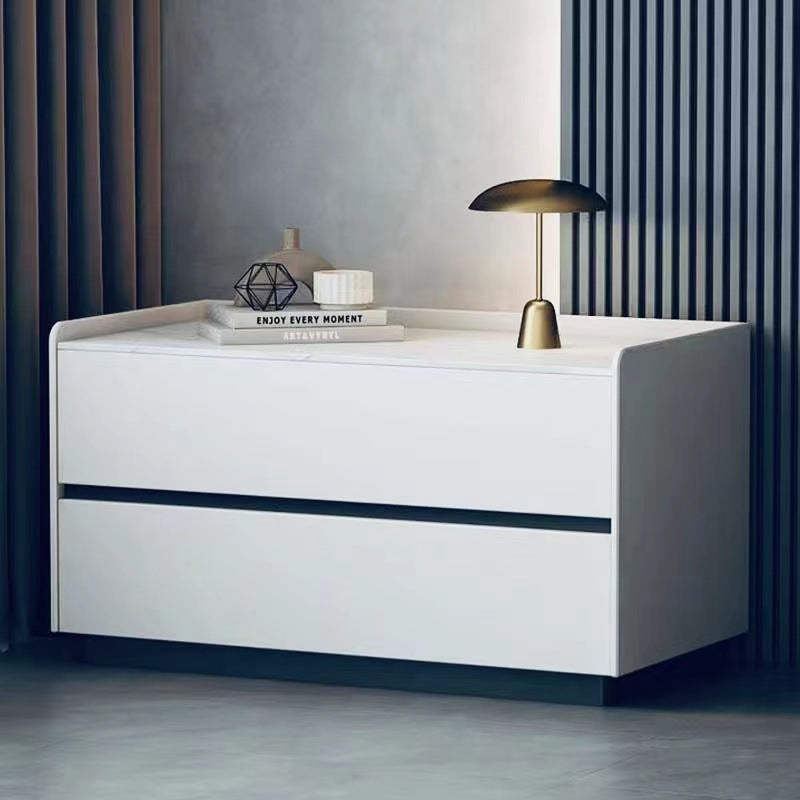 Modern Minimalist Slab Solid Wood & Microfiber Leather Rectangular Nightstand With 2 Drawers For Bedroom