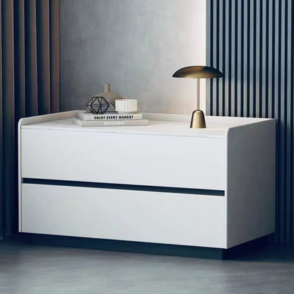 Modern Minimalist Slab Solid Wood & Microfiber Leather Rectangular Nightstand With 2 Drawers For Bedroom
