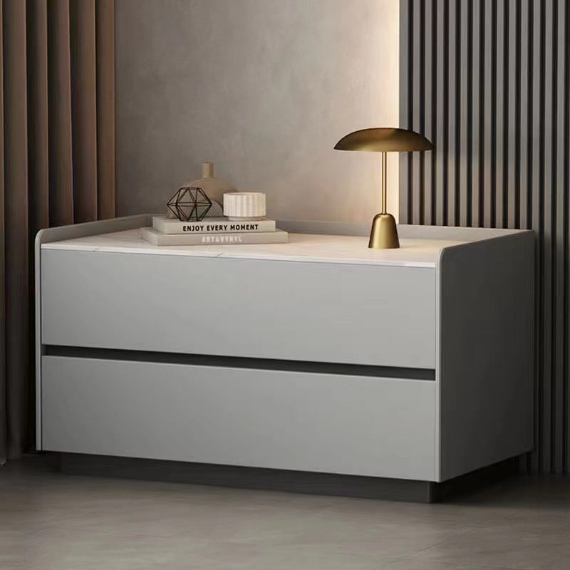 Modern Minimalist Slab Solid Wood & Microfiber Leather Rectangular Nightstand With 2 Drawers For Bedroom