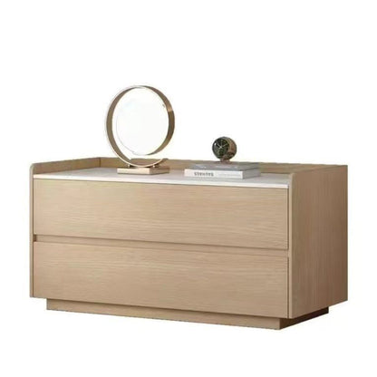 Modern Minimalist Slab Solid Wood & Microfiber Leather Rectangular Nightstand With 2 Drawers For Bedroom