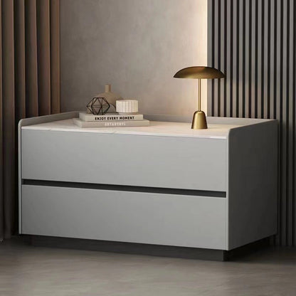 Modern Minimalist Slab Solid Wood & Microfiber Leather Rectangular Nightstand With 2 Drawers For Bedroom