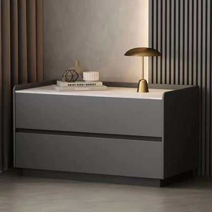 Modern Minimalist Slab Solid Wood & Microfiber Leather Rectangular Nightstand With 2 Drawers For Bedroom