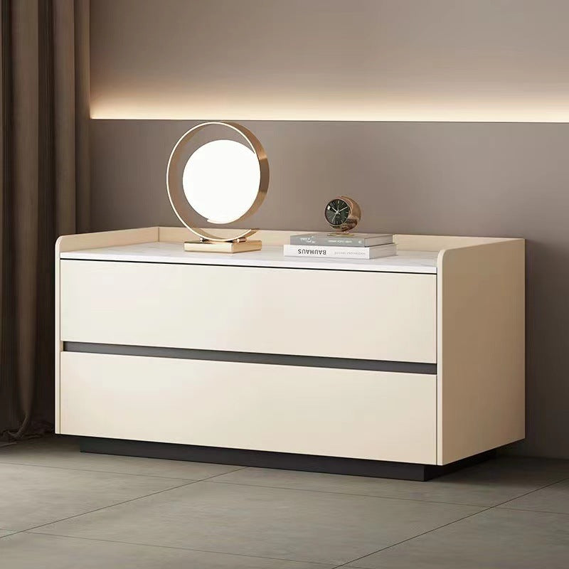 Modern Minimalist Slab Solid Wood & Microfiber Leather Rectangular Nightstand With 2 Drawers For Bedroom