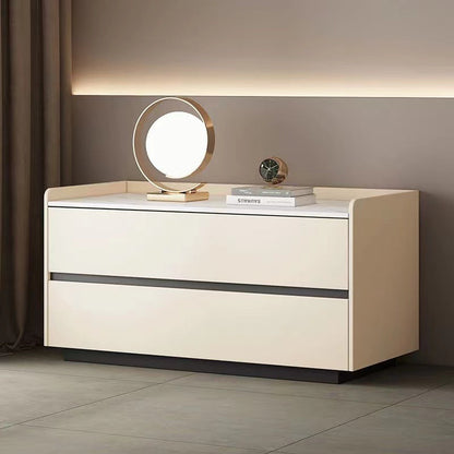 Modern Minimalist Slab Solid Wood & Microfiber Leather Rectangular Nightstand With 2 Drawers For Bedroom