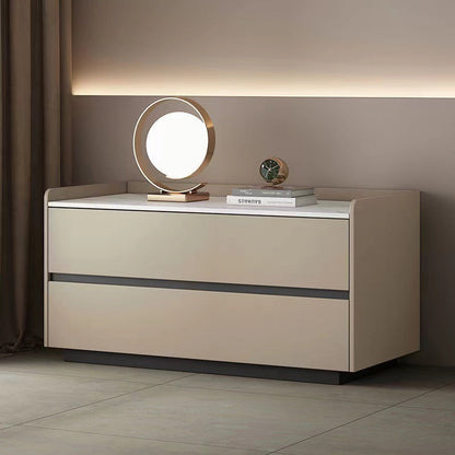 Modern Minimalist Slab Solid Wood & Microfiber Leather Rectangular Nightstand With 2 Drawers For Bedroom