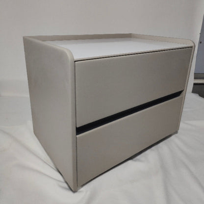 Modern Minimalist Slab Solid Wood & Microfiber Leather Rectangular Nightstand With 2 Drawers For Bedroom