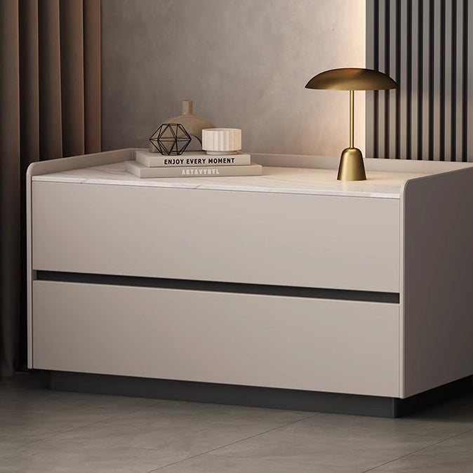 Modern Minimalist Slab Solid Wood & Microfiber Leather Rectangular Nightstand With 2 Drawers For Bedroom