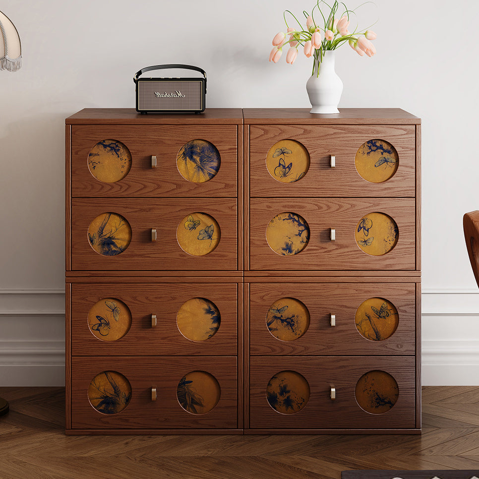 Traditional Chinese Solid Wood & Xiangyun Silk Rectangular Nightstand With Butterfly Pattern And 2 Drawers For Bedroom Or Living Room