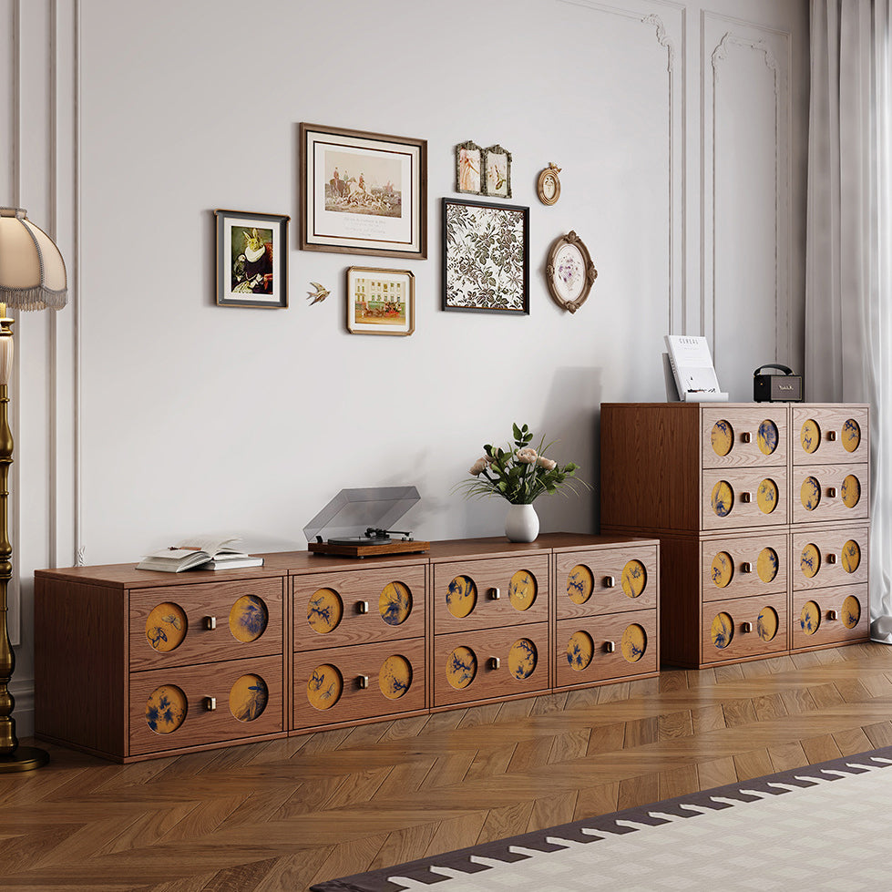 Traditional Chinese Solid Wood & Xiangyun Silk Rectangular Nightstand With Butterfly Pattern And 2 Drawers For Bedroom Or Living Room