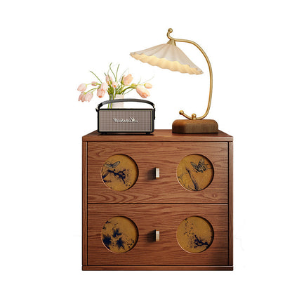 Traditional Chinese Solid Wood & Xiangyun Silk Rectangular Nightstand With Butterfly Pattern And 2 Drawers For Bedroom Or Living Room