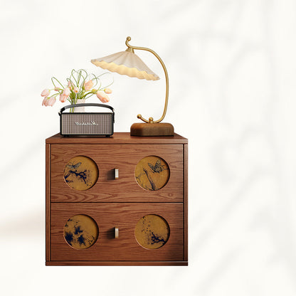 Traditional Chinese Solid Wood & Xiangyun Silk Rectangular Nightstand With Butterfly Pattern And 2 Drawers For Bedroom Or Living Room