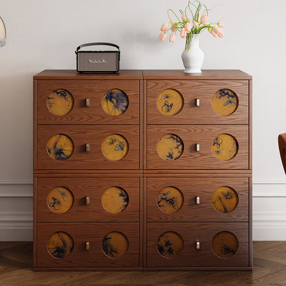 Traditional Chinese Solid Wood & Xiangyun Silk Rectangular Nightstand With Butterfly Pattern And 2 Drawers For Bedroom Or Living Room
