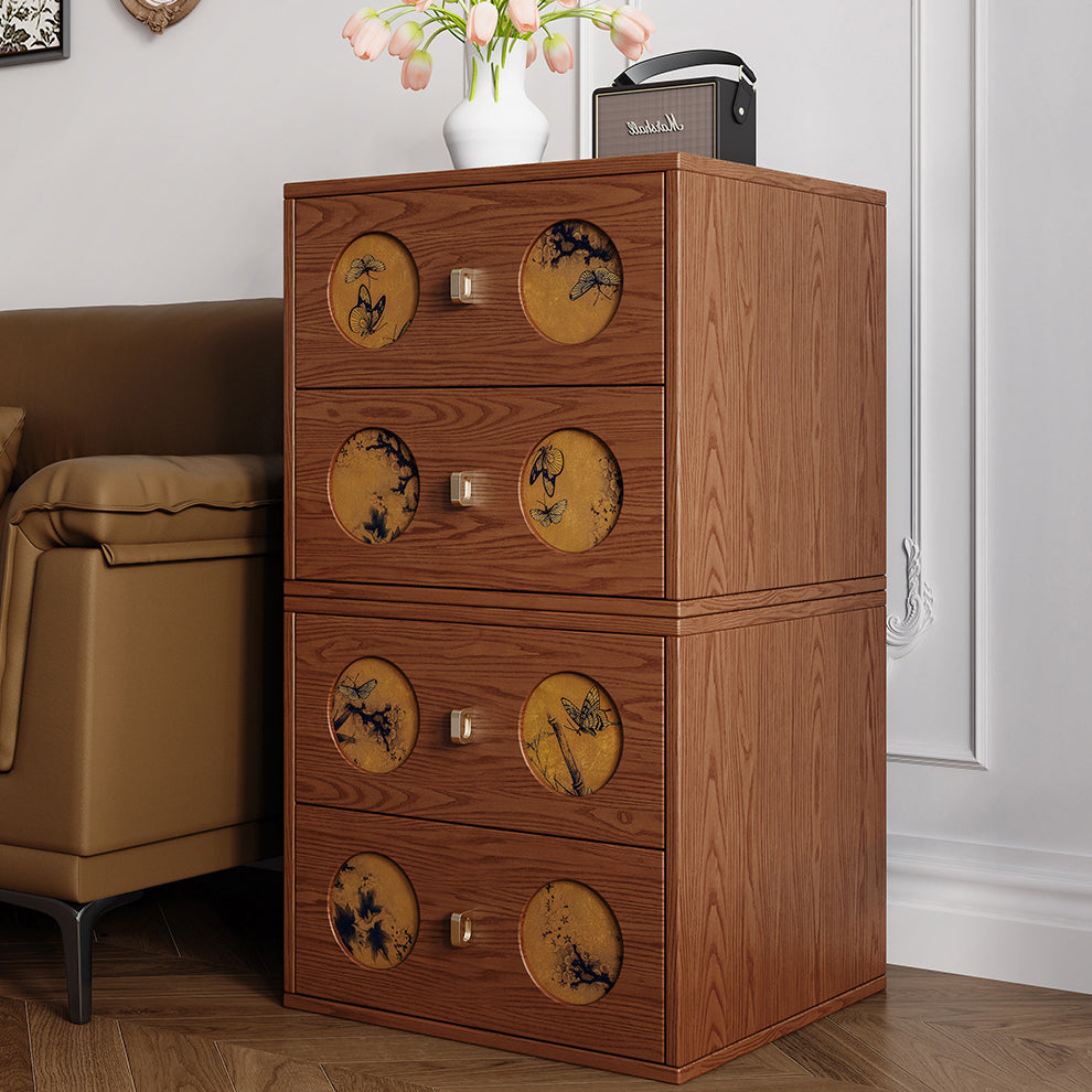 Traditional Chinese Solid Wood & Xiangyun Silk Rectangular Nightstand With Butterfly Pattern And 2 Drawers For Bedroom Or Living Room