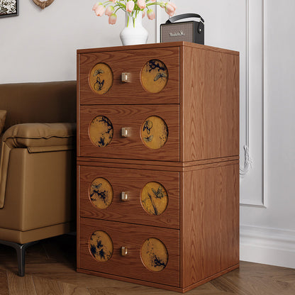 Traditional Chinese Solid Wood & Xiangyun Silk Rectangular Nightstand With Butterfly Pattern And 2 Drawers For Bedroom Or Living Room