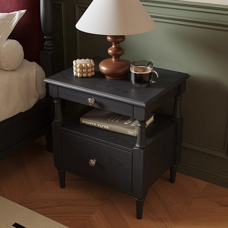 Traditional French Ash Wood Pine Wood Rectangular Nightstand With 2 Drawers For Bedroom