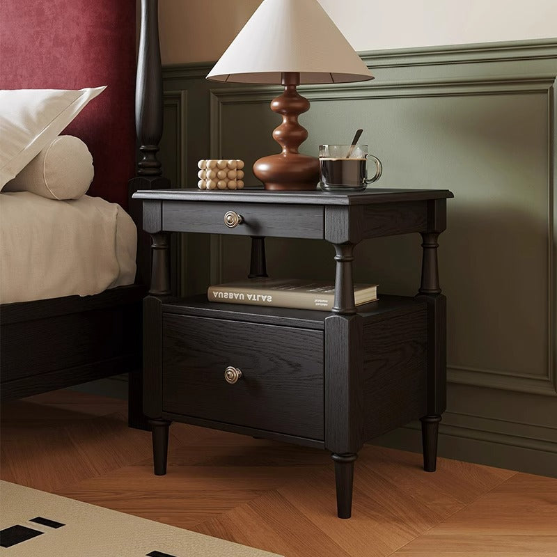 Traditional French Ash Wood Pine Wood Rectangular Nightstand With 2 Drawers For Bedroom