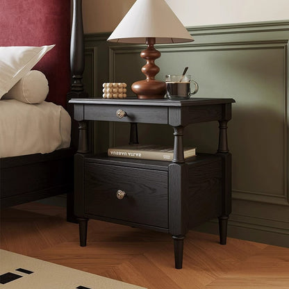 Traditional French Ash Wood Pine Wood Rectangular Nightstand With 2 Drawers For Bedroom