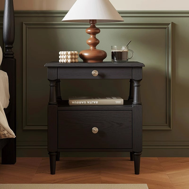Traditional French Ash Wood Pine Wood Rectangular Nightstand With 2 Drawers For Bedroom