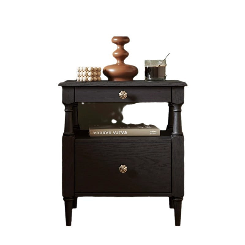Traditional French Ash Wood Pine Wood Rectangular Nightstand With 2 Drawers For Bedroom