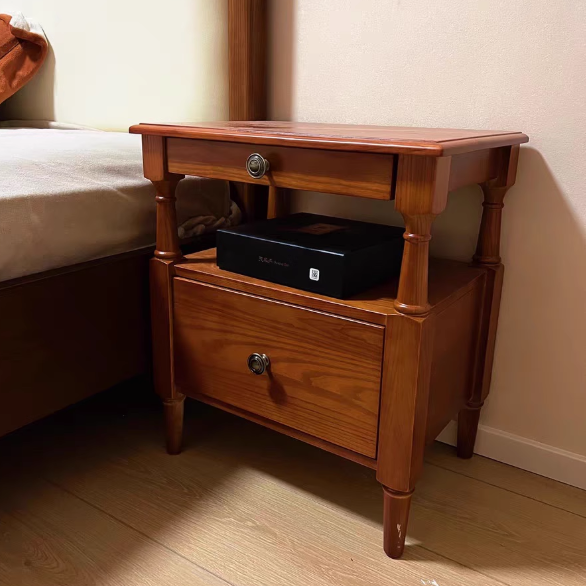 Traditional French Ash Wood Pine Wood Rectangular Nightstand With 2 Drawers For Bedroom
