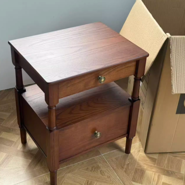 Traditional French Ash Wood Pine Wood Rectangular Nightstand With 2 Drawers For Bedroom