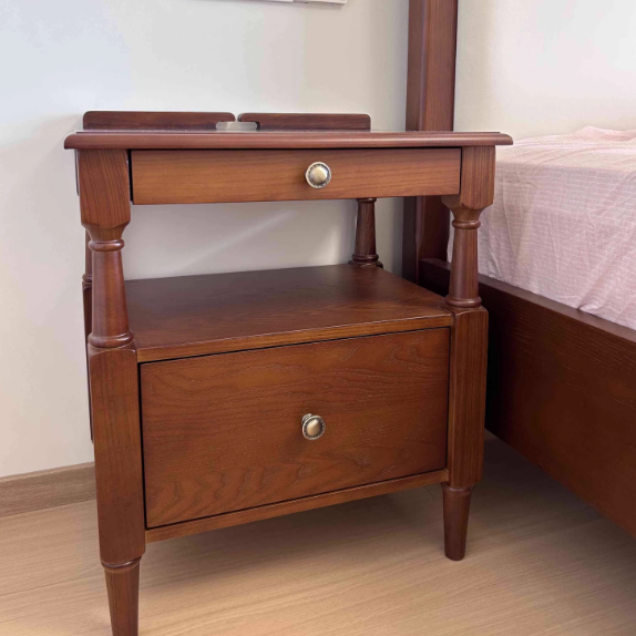 Traditional French Ash Wood Pine Wood Rectangular Nightstand With 2 Drawers For Bedroom