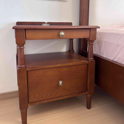 Traditional French Ash Wood Pine Wood Rectangular Nightstand With 2 Drawers For Bedroom