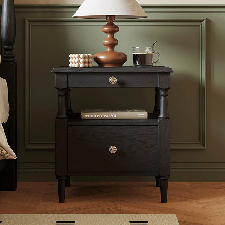 Traditional French Ash Wood Pine Wood Rectangular Nightstand With 2 Drawers For Bedroom