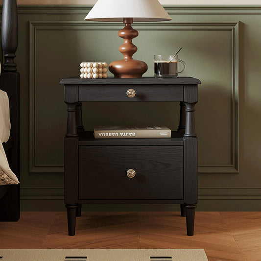 Traditional French Ash Wood Pine Wood Rectangular Nightstand With 2 Drawers For Bedroom