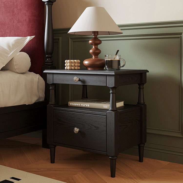 Traditional French Ash Wood Pine Wood Rectangular Nightstand With 2 Drawers For Bedroom