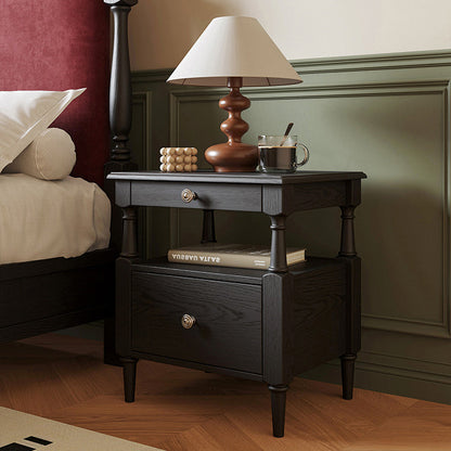 Traditional French Ash Wood Pine Wood Rectangular Nightstand With 2 Drawers For Bedroom
