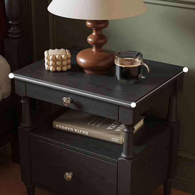 Traditional French Ash Wood Pine Wood Rectangular Nightstand With 2 Drawers For Bedroom