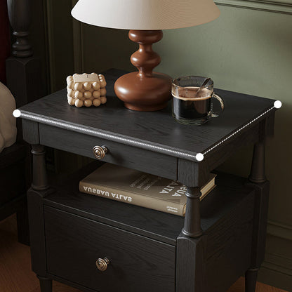 Traditional French Ash Wood Pine Wood Rectangular Nightstand With 2 Drawers For Bedroom