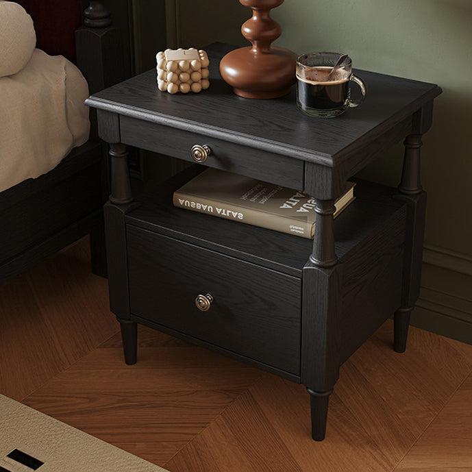 Traditional French Ash Wood Pine Wood Rectangular Nightstand With 2 Drawers For Bedroom