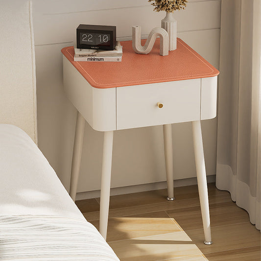 Contemporary Nordic Tempered Glass PP Iron Square Leather Texture Nightstand With 1 Drawer For Bedroom