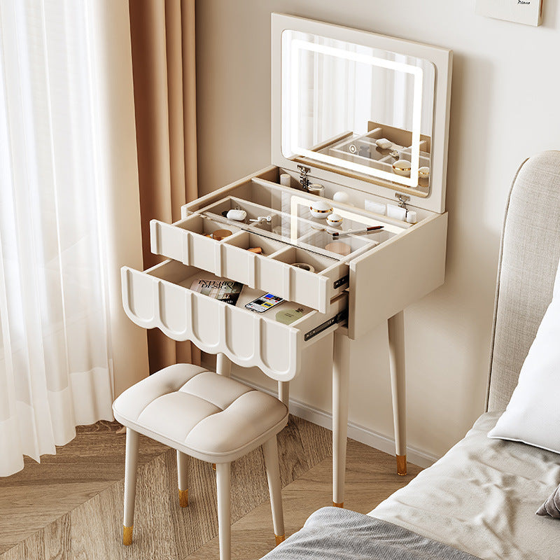Modern Minimalist Eco-Board Metal Rectangular Arch Makeup Vanity & Stool Set With Flip Top LED Mirror & 2 Drawers For Bedroom