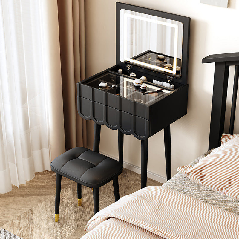 Modern Minimalist Eco-Board Metal Rectangular Arch Makeup Vanity & Stool Set With Flip Top LED Mirror & 2 Drawers For Bedroom