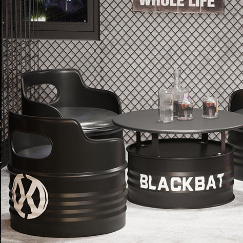 Contemporary Industrial Drum Round Iron Leather Sponge Coffee Table & Chair Set For Dining Room