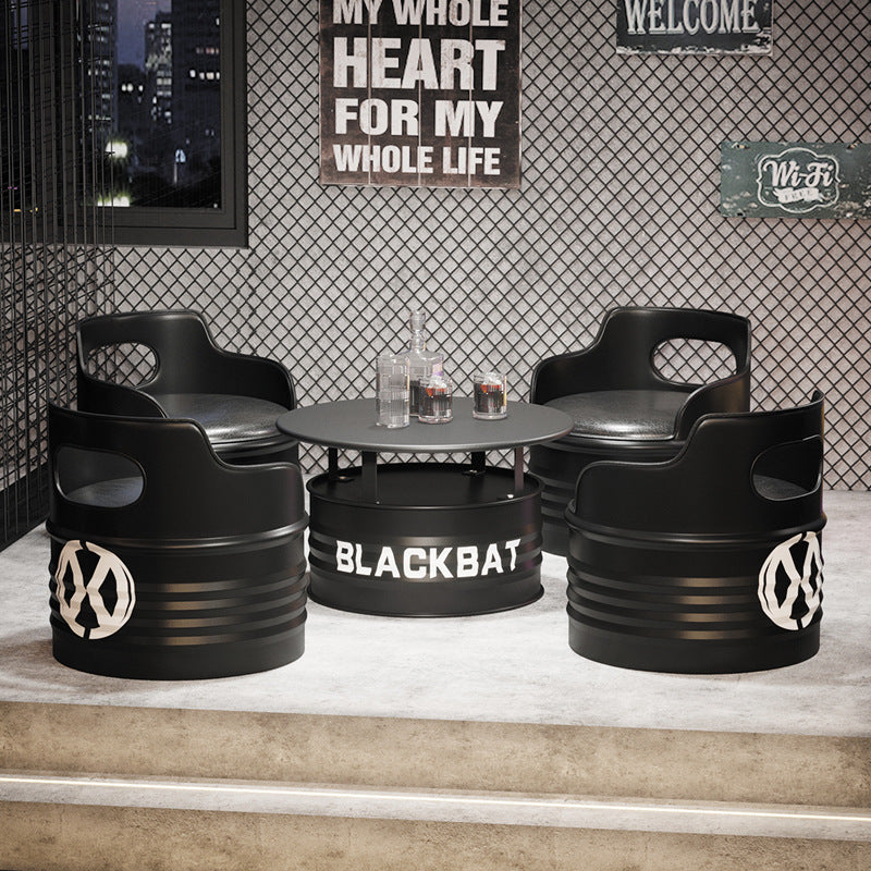 Contemporary Industrial Drum Round Iron Leather Sponge Coffee Table & Chair Set For Dining Room