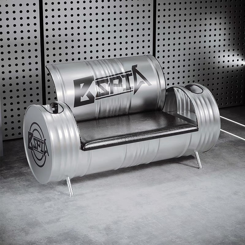 Contemporary Industrial Iron Pine Wood Leather Oil Drum Round Rectangular Coffee Table & Sofa Set For Dining Room